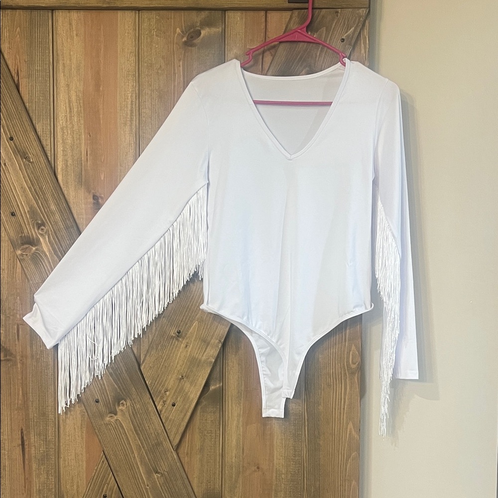 White Fringe Long Sleeve Bodysuit